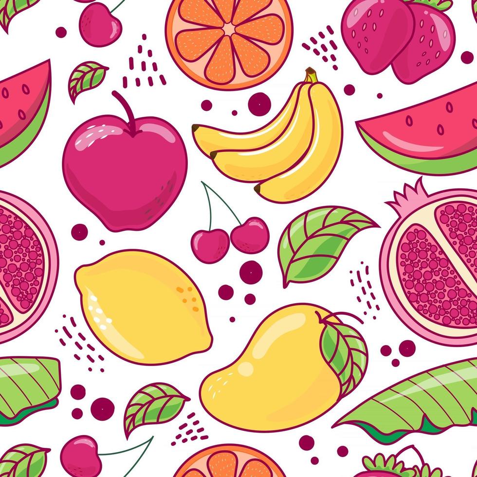 Dibujado a mano lindo patrón transparente frutas, naranja, plátano, granada, cereza, fresa, sandía, manzana, mango, limón y hojas sobre fondo blanco. ilustración vectorial. vector