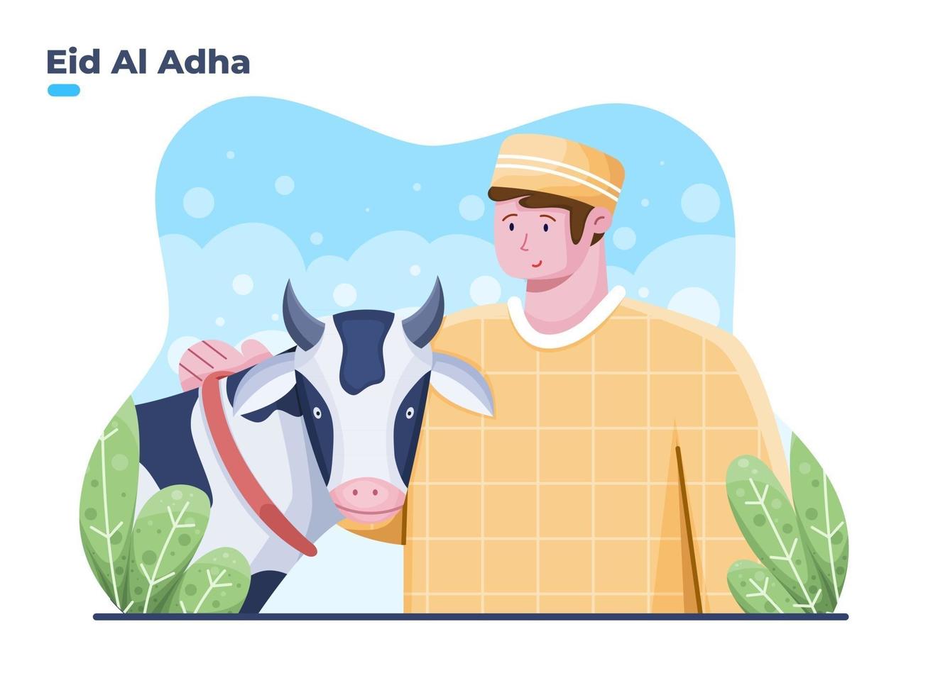 Happy Eid Al Adha illustration with Muslim person and sacrificial animals. sacrificial feastival eid al adha with islam people and cow animal. can be used for greeting card, banner, poster, web, postcard. vector