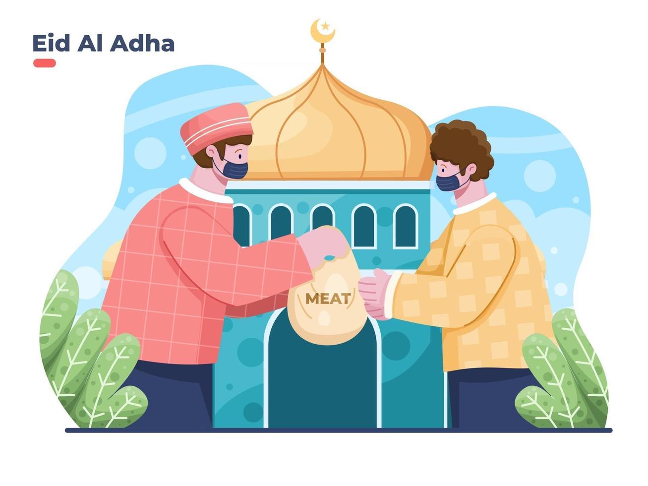 Ilustración de eid al adha con una persona musulmana dando limosna o una bolsa de plástico que contiene carne de sacrificio a los pobres o desfavorecidos. da caridad a la otra persona para celebrar eid al adha. vector