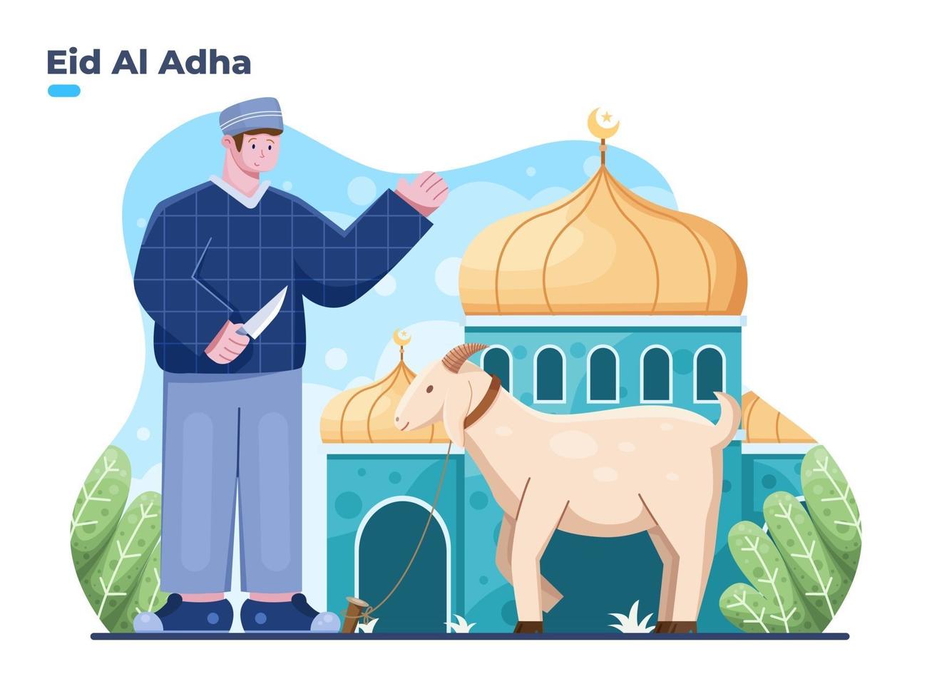 Eid Al adha illustration with muslim person ready to sacrifice the sacrificial animal at front of the mosque. Eid al adha sacrifice festival and Islamic religious tradition. vector