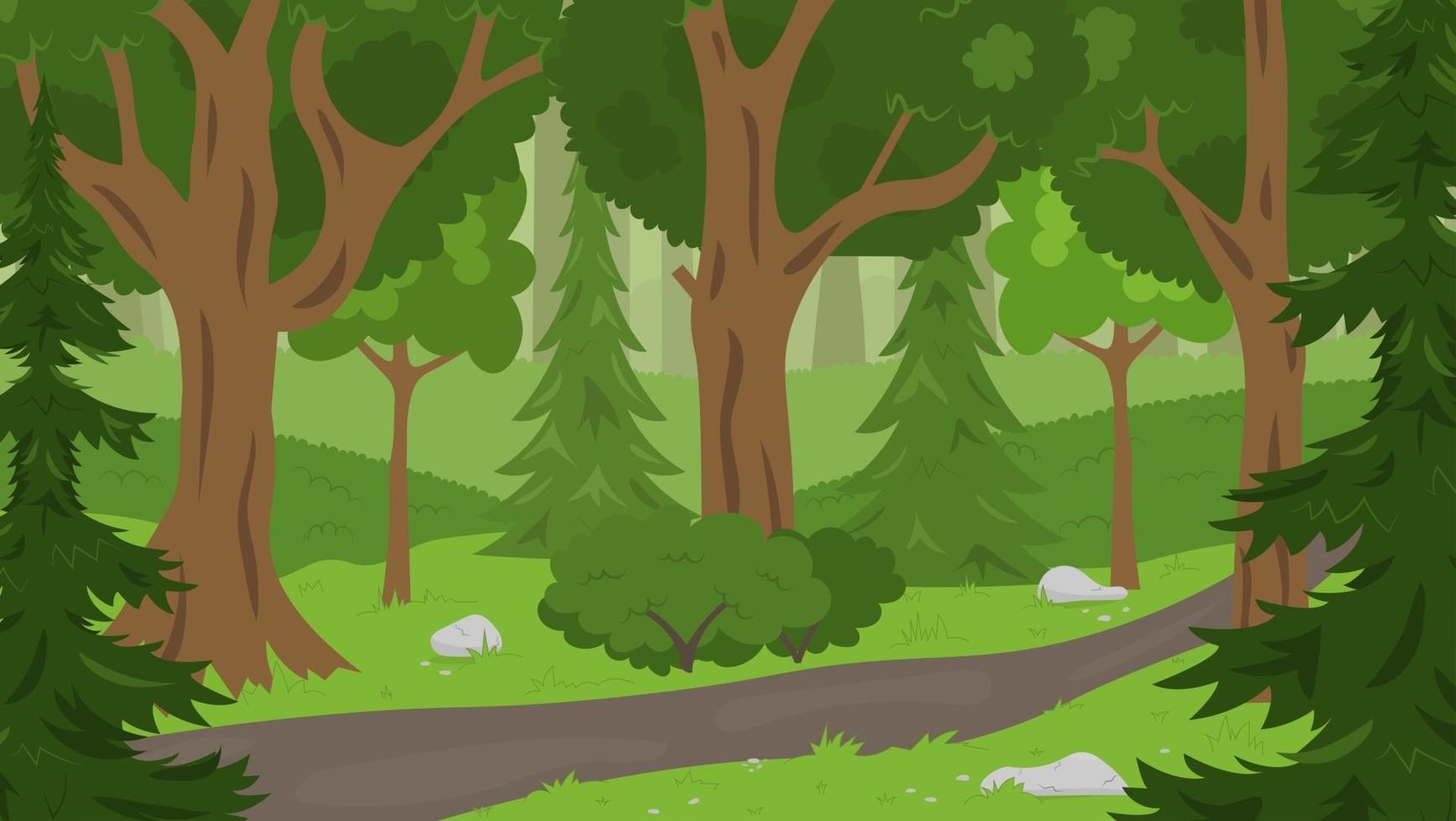 Fondo de bosque de verano con árboles, abetos y arbustos. Ilustración de vector de concepto. perfecto para fondo, papel tapiz, póster o pancarta.