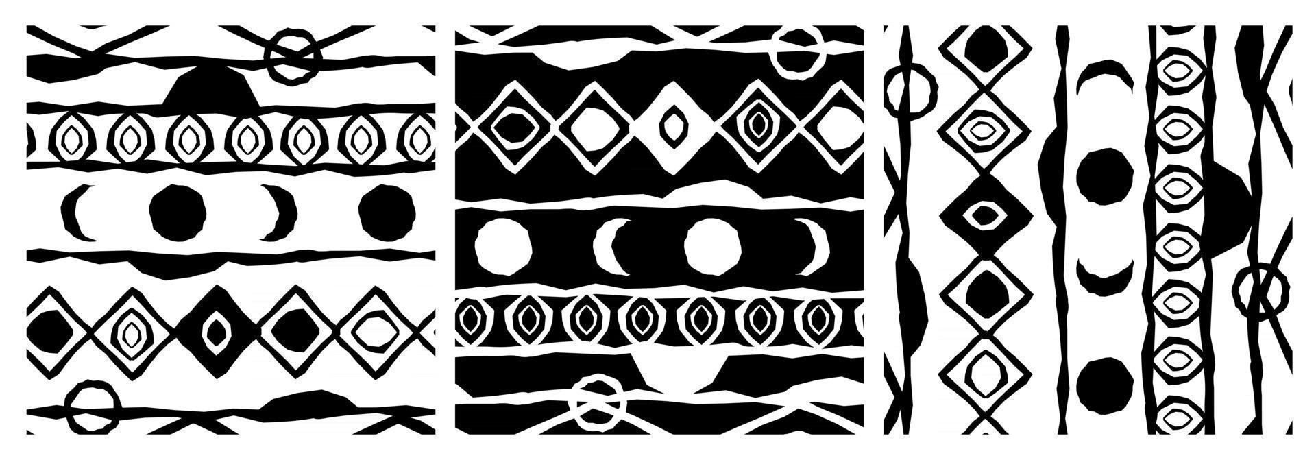 Set of three versions of the same Black and white ethnic monochrome abstract rough geometric pattern. Background contains triangles, circles and moon in different directions and colors vector