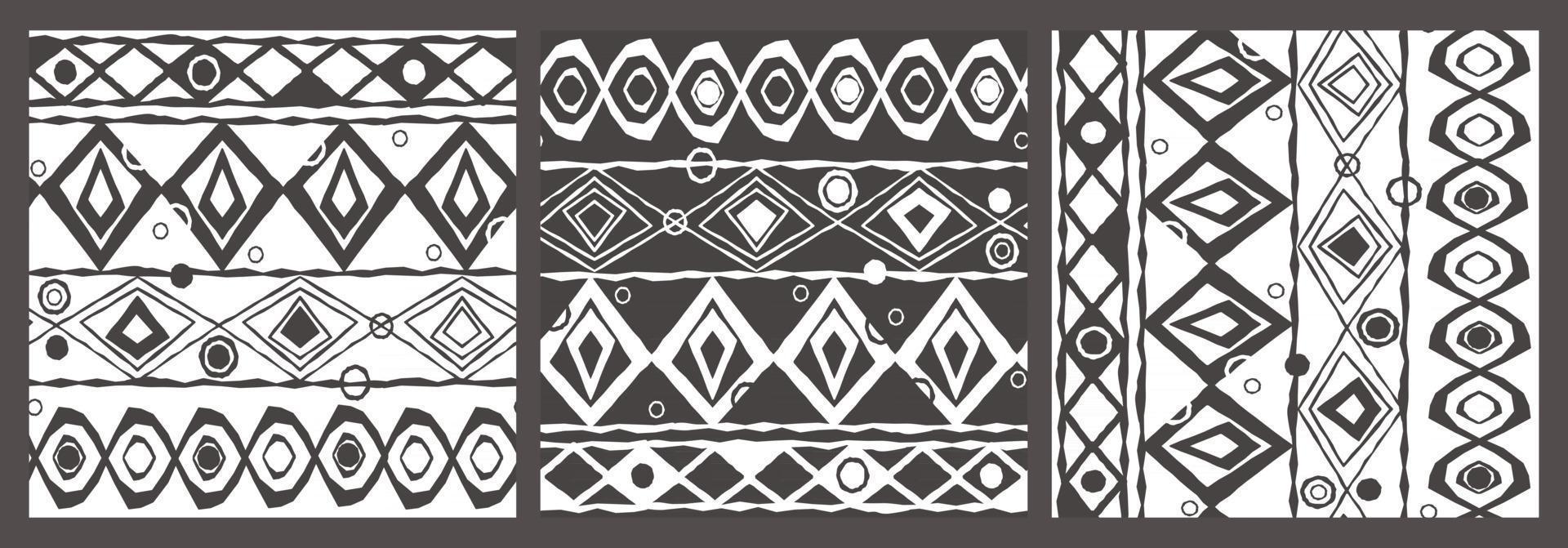 Gray white seamless geometric endless pattern of curved circles, arcs, rhombuses, triangles. Ethnic motives. Image contains three variants of the same pattern vector