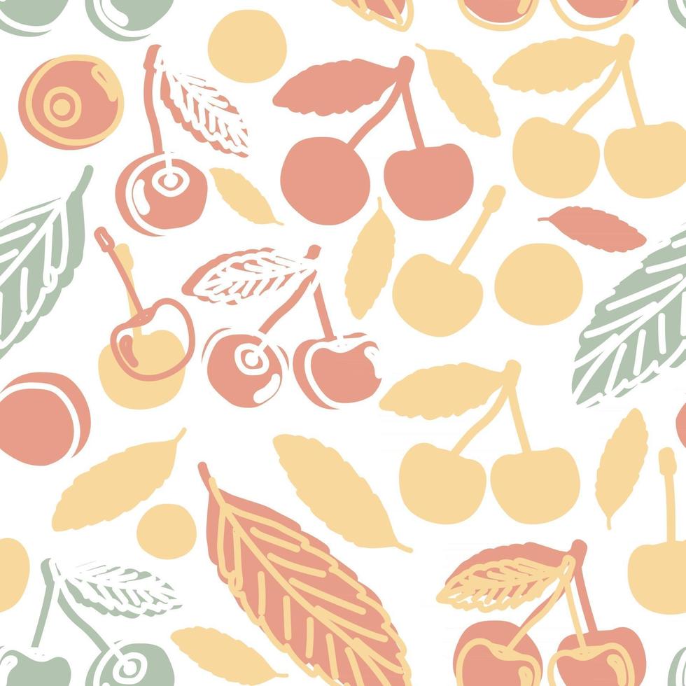 Cute summer childish seamless pattern of cherries. Vector outline doodle cartoon hand drawn design of red yellow green berries illustration on white background