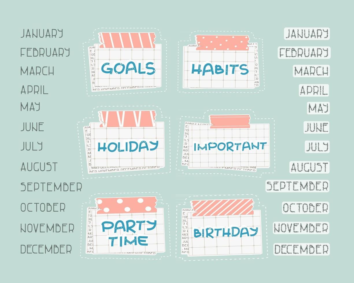 List of months from January to December for planning or calendar, Holiday, Birthday, Party time, Important, Goals, Habits  text on the squared paper, patterned washi tape with piece of newspaper vector
