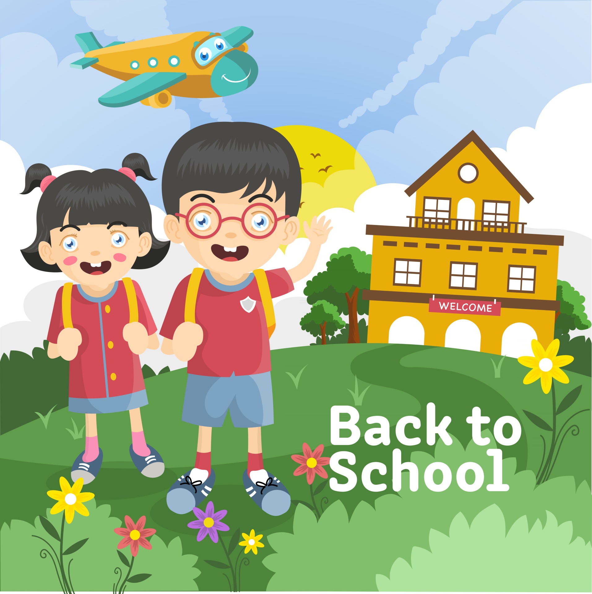 Cartoon Children Boy And Girl Going Back To School Vector Art At Vecteezy