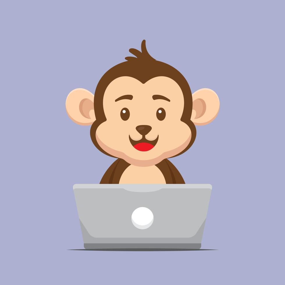 lindo mono trabajando con laptop vector