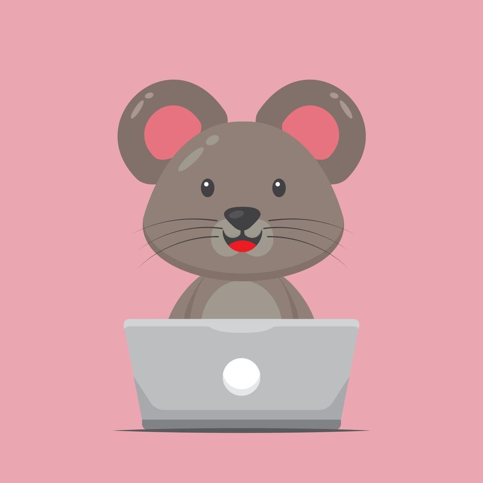 Cute Mouse Working with Laptop vector