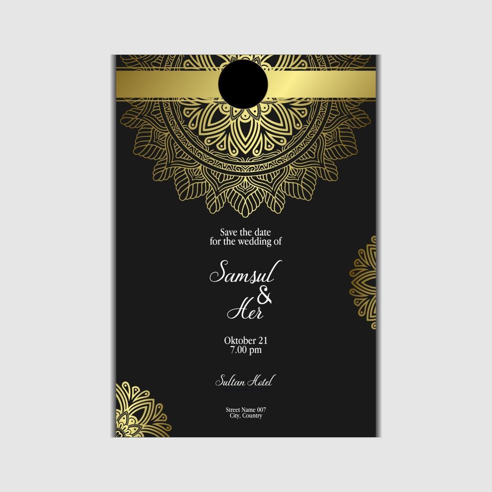 Luxury gold mandala ornate background for wedding invitation, book cover with mandala element style premium vector
