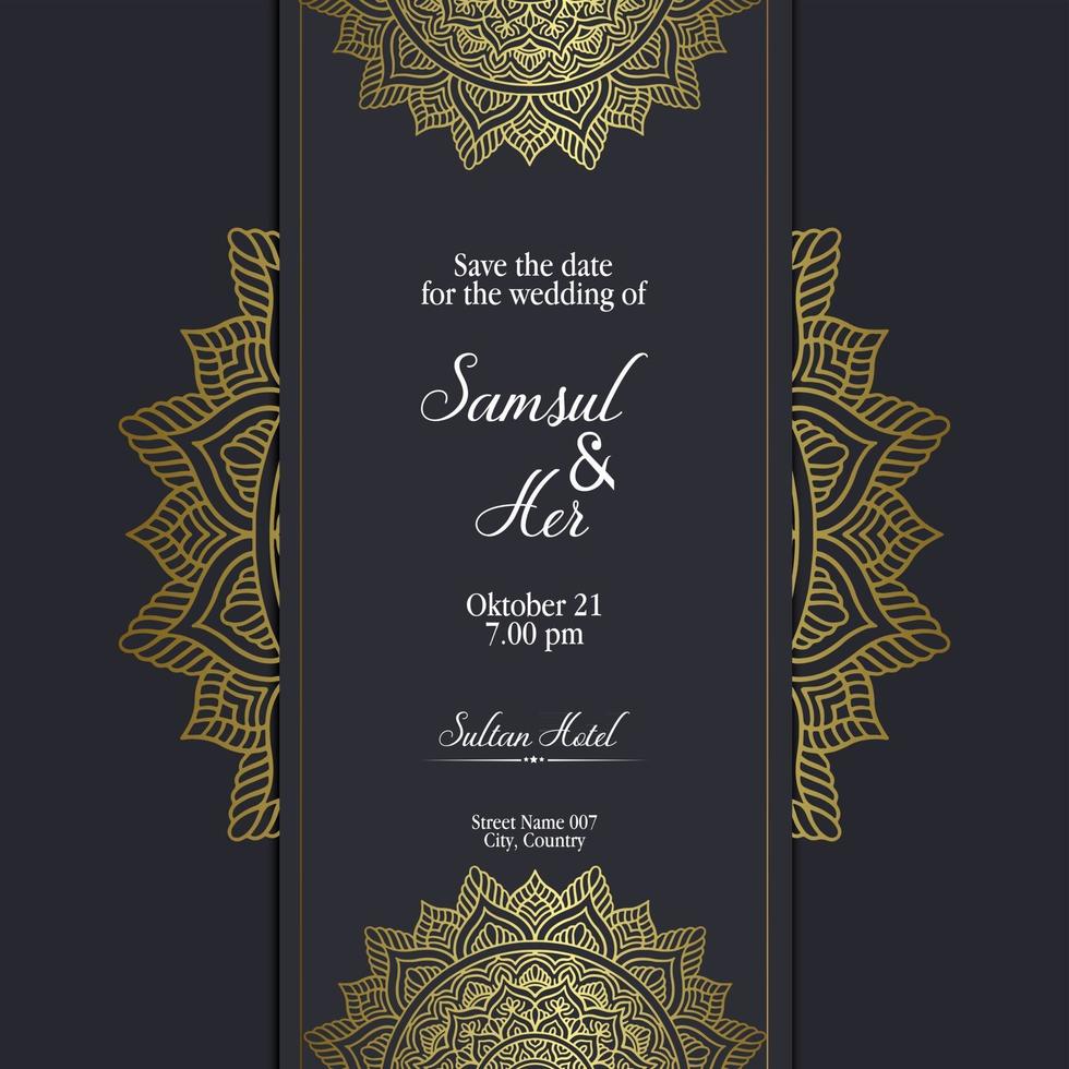 Luxury gold mandala ornate background for wedding invitation, book cover with mandala element style vector