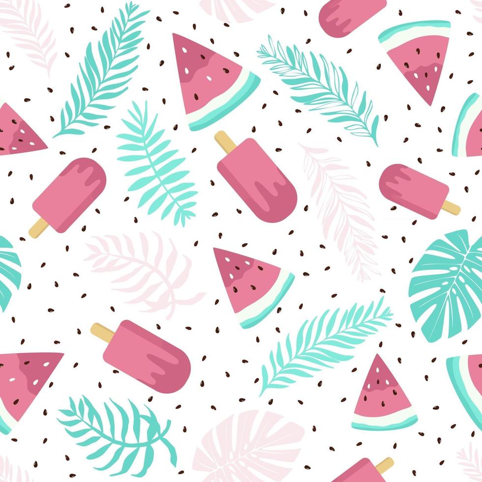 Cute watermelon and ice cream with seeds.Pattern on white background design for backdrop, wallpaper, poster, postcard and cover book. Summer seamless concept. vector