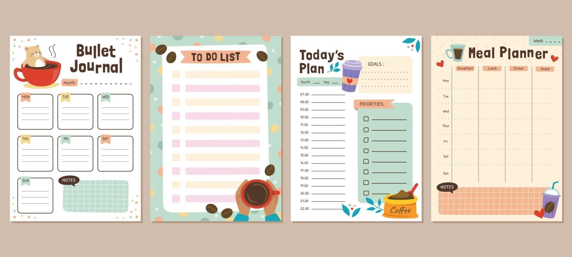 Coffee Theme Bullet Journal Template vector