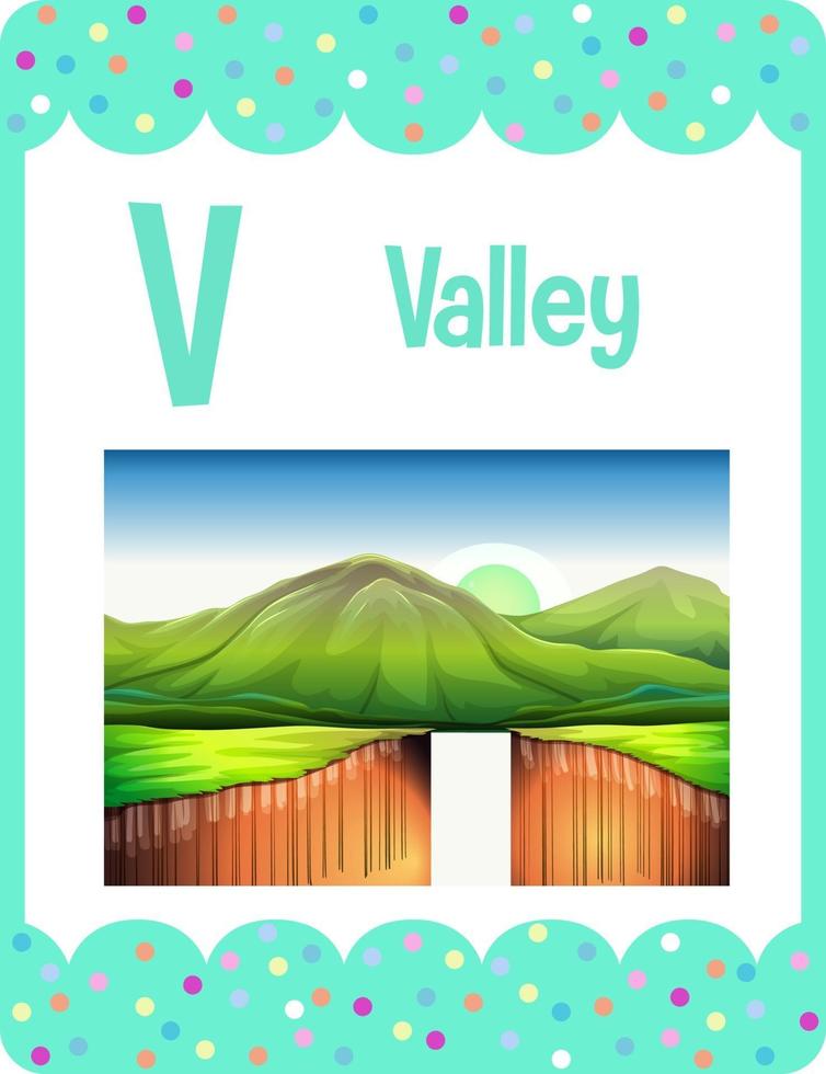 Alphabet flashcard with letter V for Valley vector