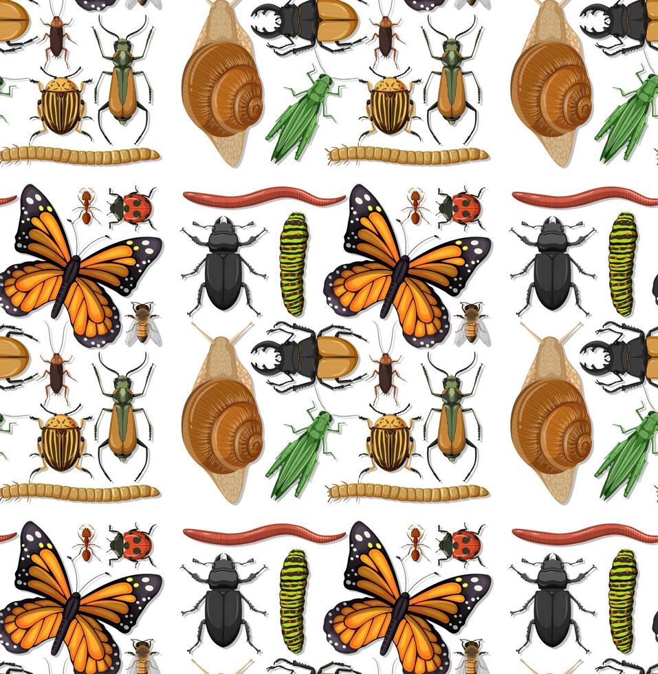 Seamless pattern with many insects on white background vector