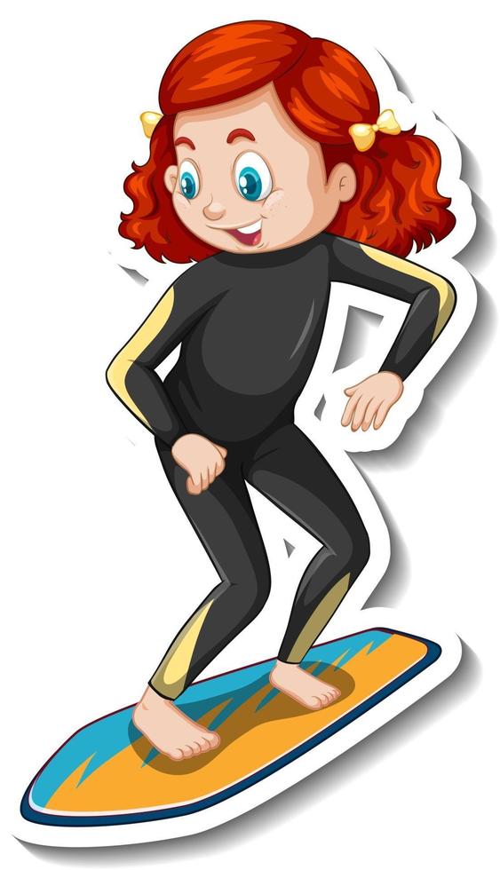 Diseño de etiqueta con una chica en tabla de surf aislado vector