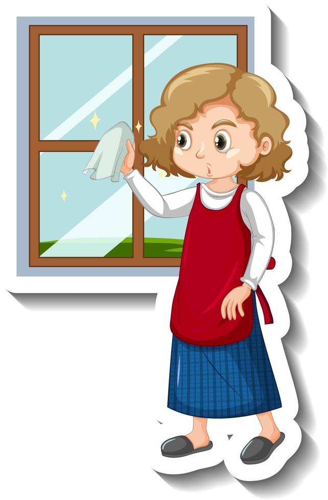 Maid cleaning the window cartoon sticker vector