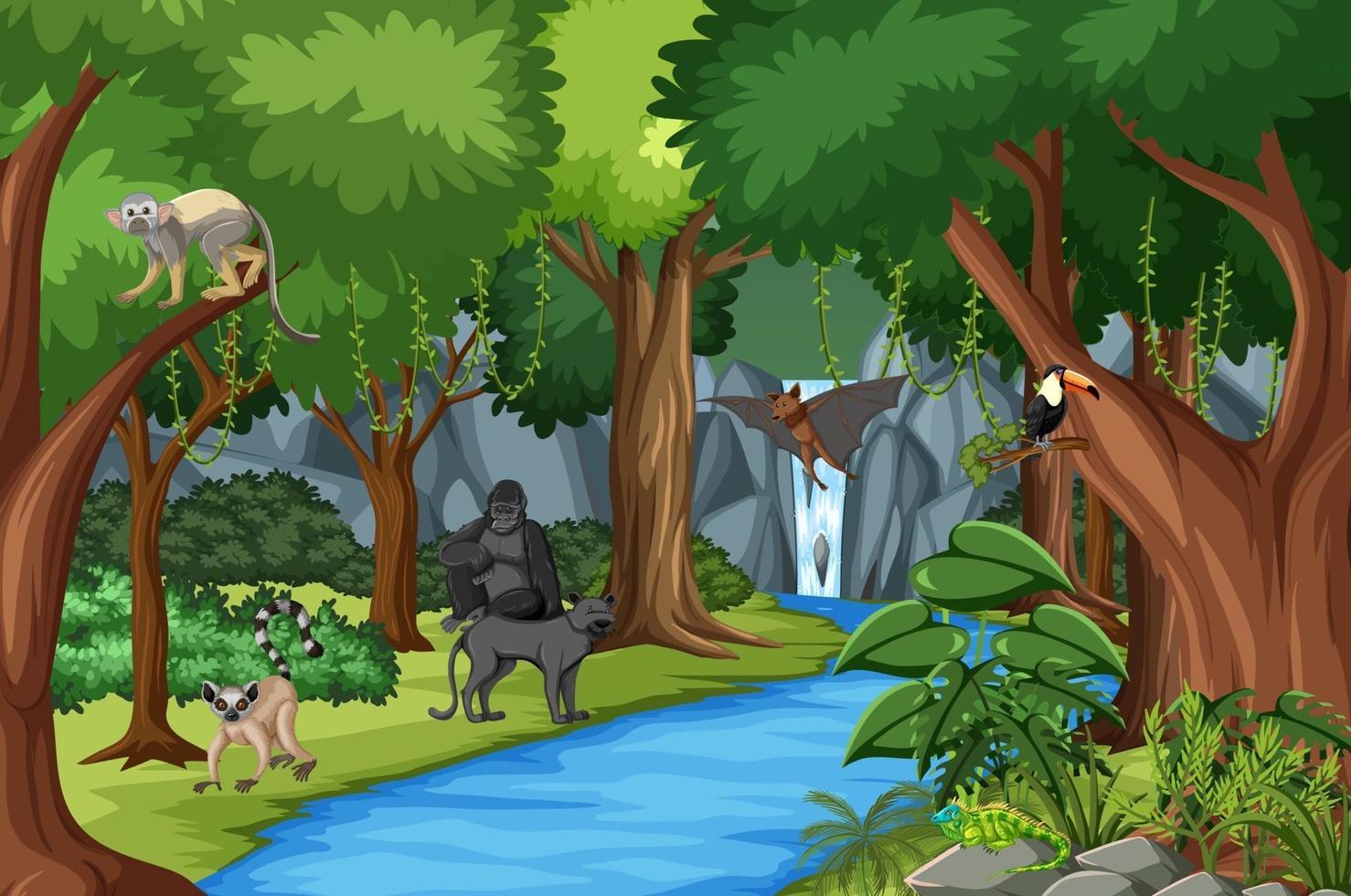 Nature scene with stream flowing through the forest with wild animals vector