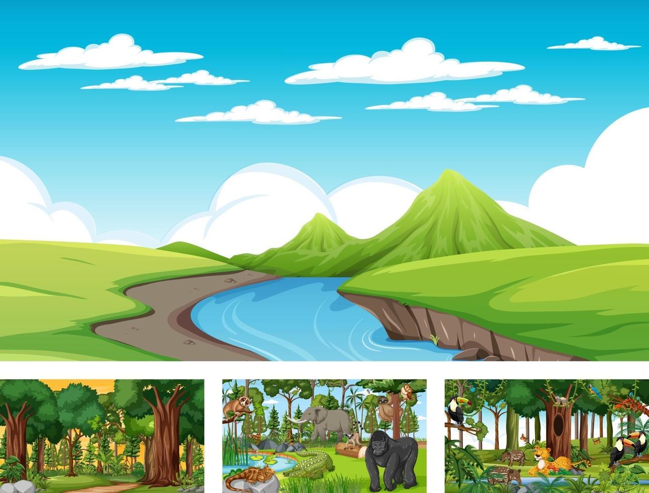 Set of different nature horizontal scene with various wild animals vector