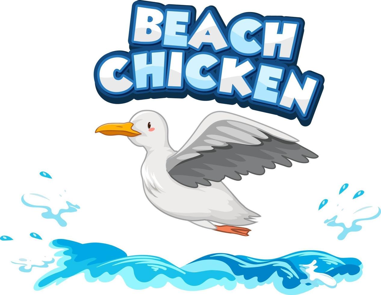 Seagull bird cartoon character with Beach Chicken font banner isolated vector