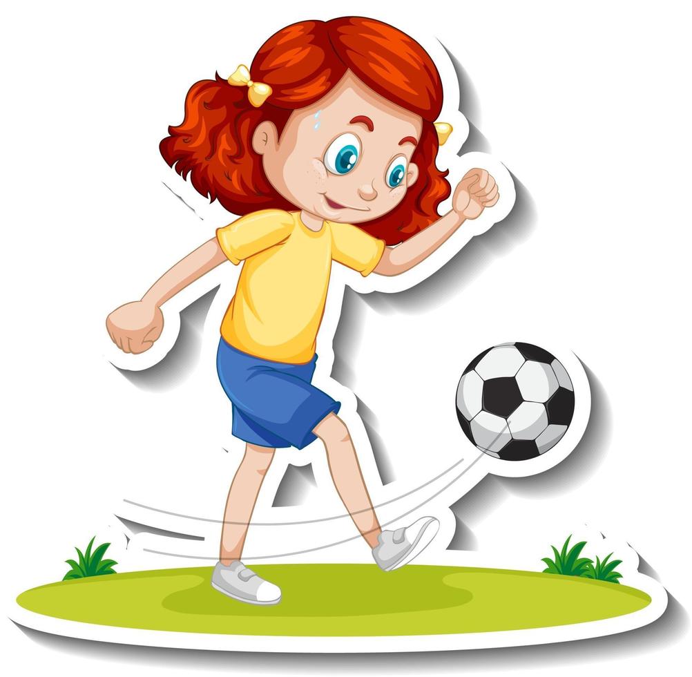 pegatina de personaje de dibujos animados con una niña jugando al fútbol vector