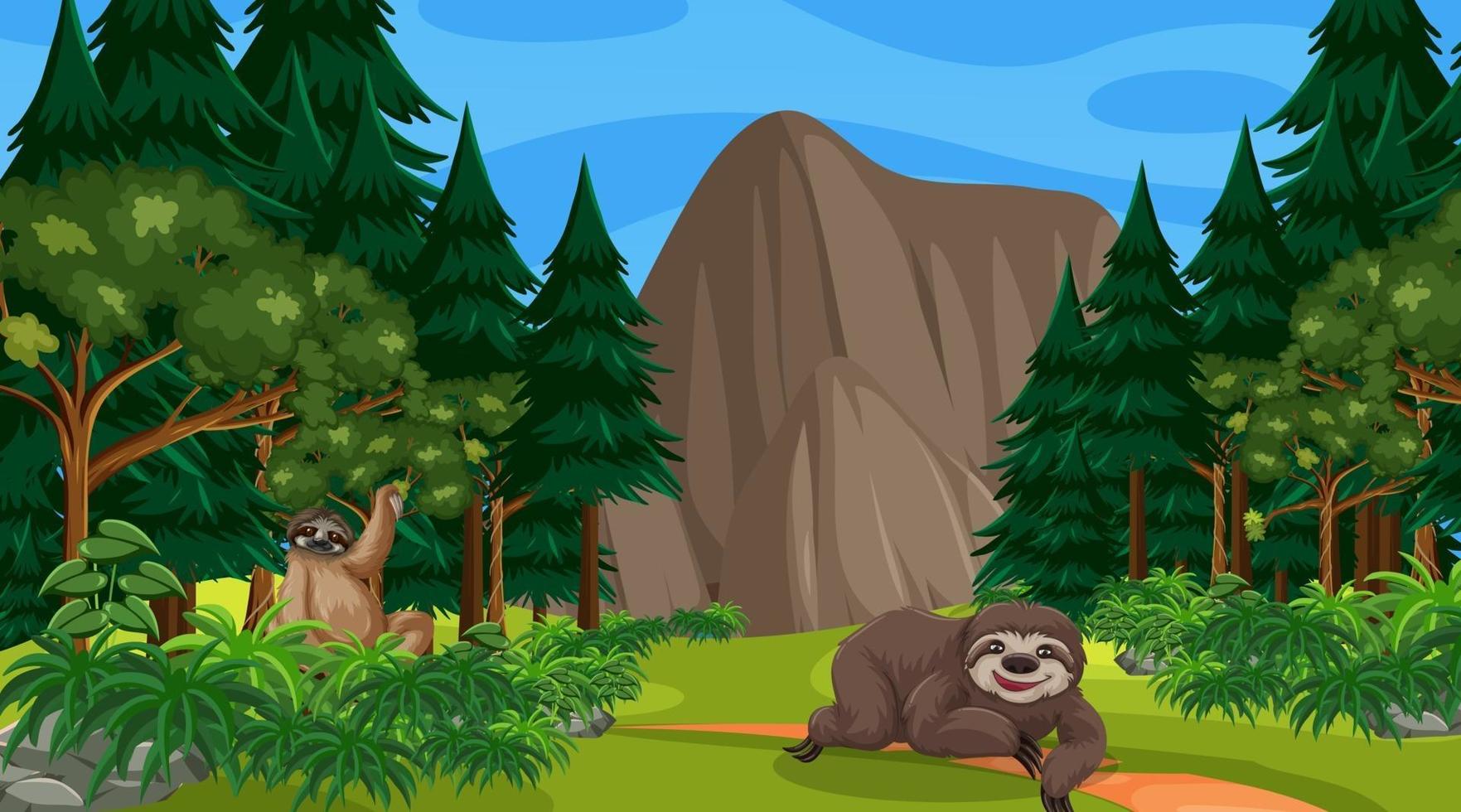 Two sloths in forest at daytime scene with many trees vector