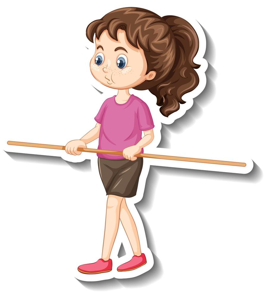 pegatina de personaje de dibujos animados con una niña sosteniendo un palo de madera vector