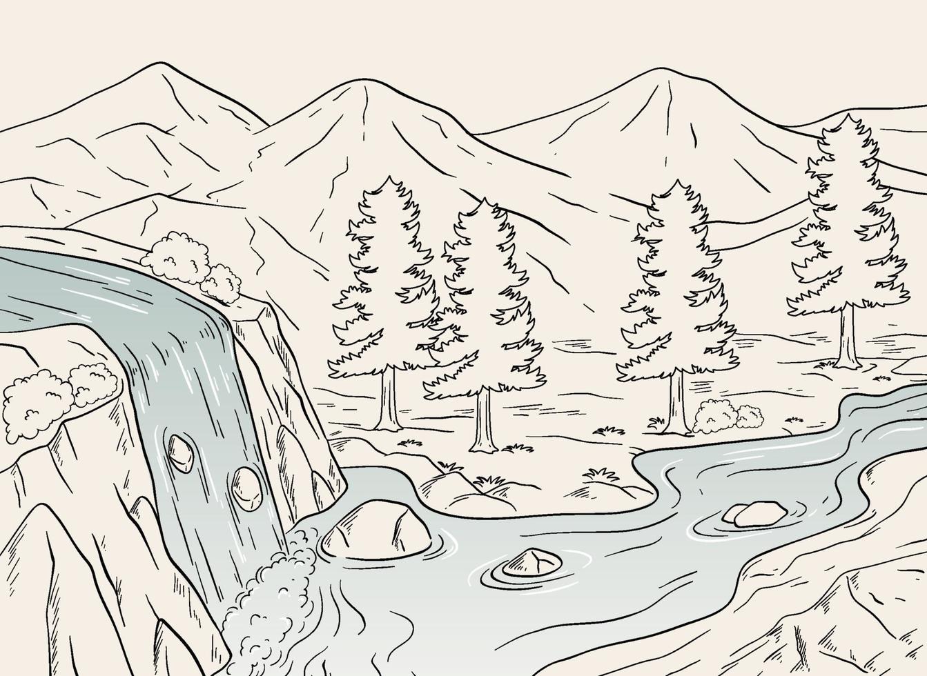 Sketch of forest with waterfall landscape vector