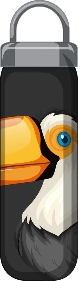 A black thermos bottle with toucan bird pattern vector