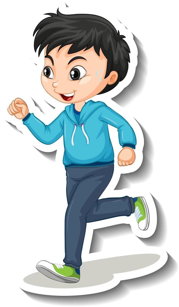 Cartoon character sticker with a boy jogging on white background vector