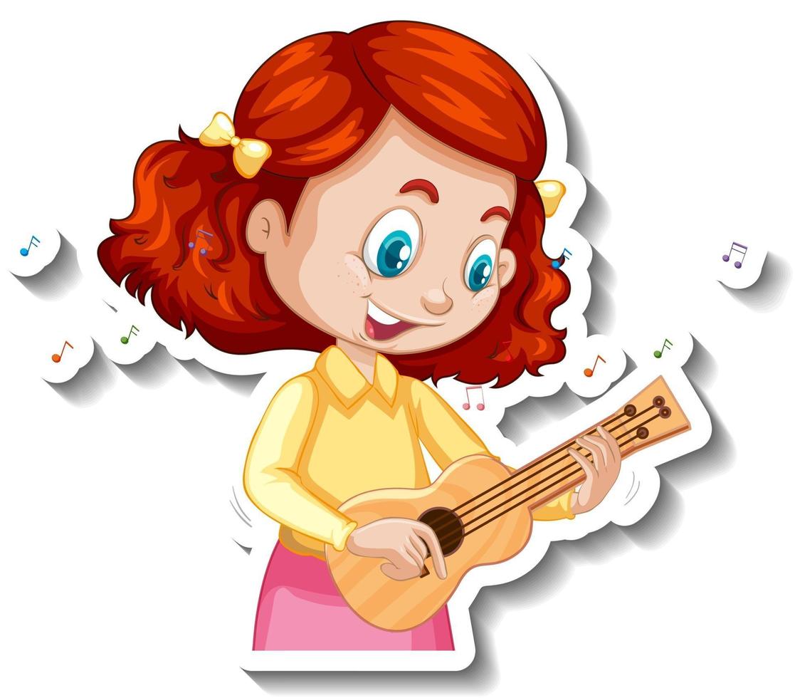 pegatina de personaje de dibujos animados con una niña tocando el ukelele vector