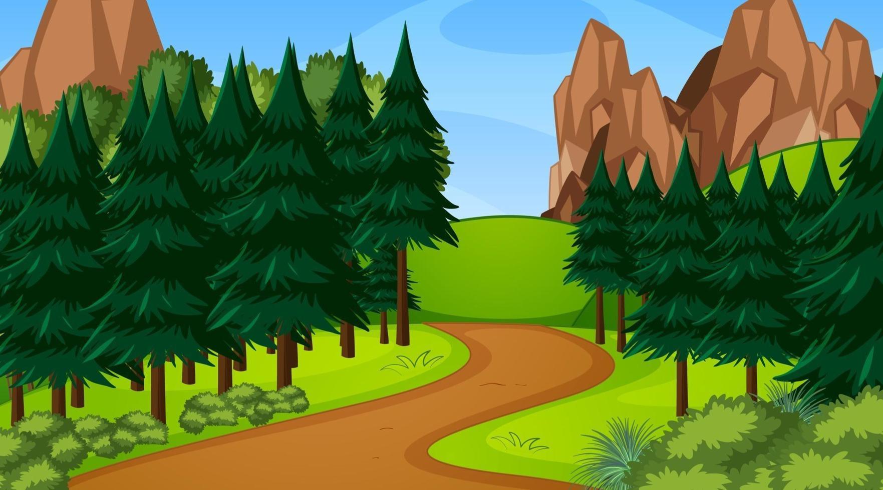 Forest scene with various forest trees and walkway lane path vector