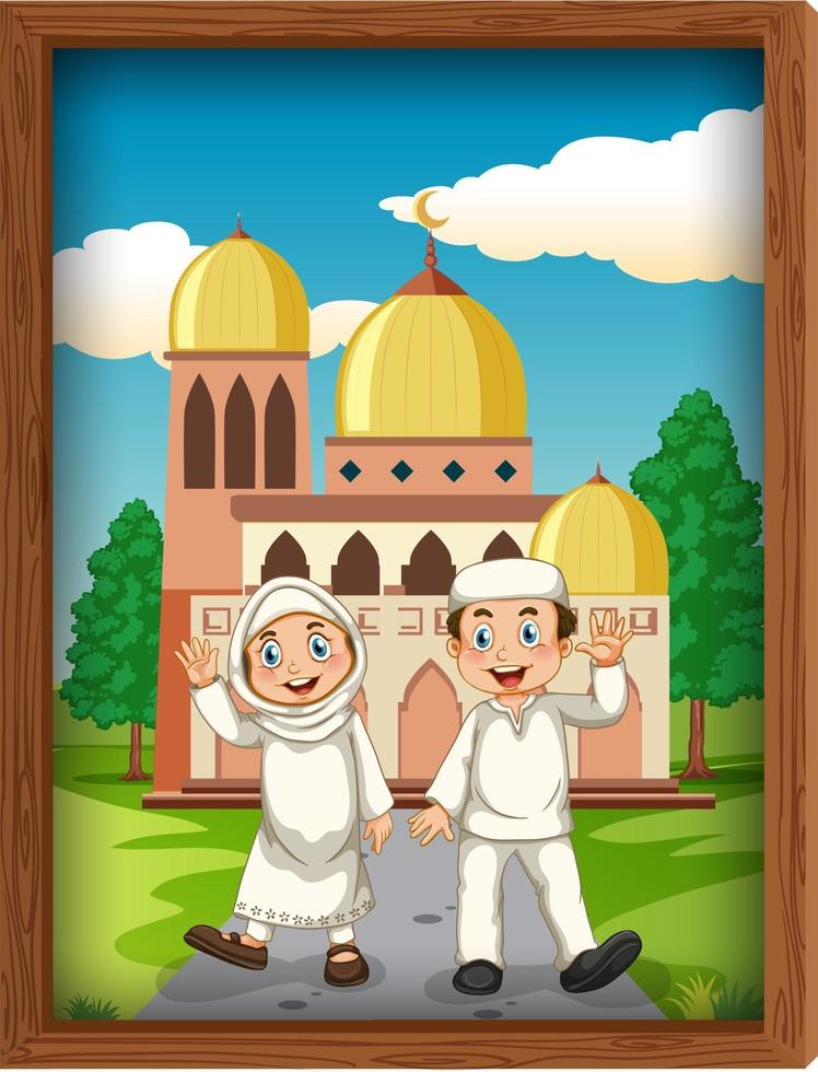 Muslim couple with photo frame on mosque background vector