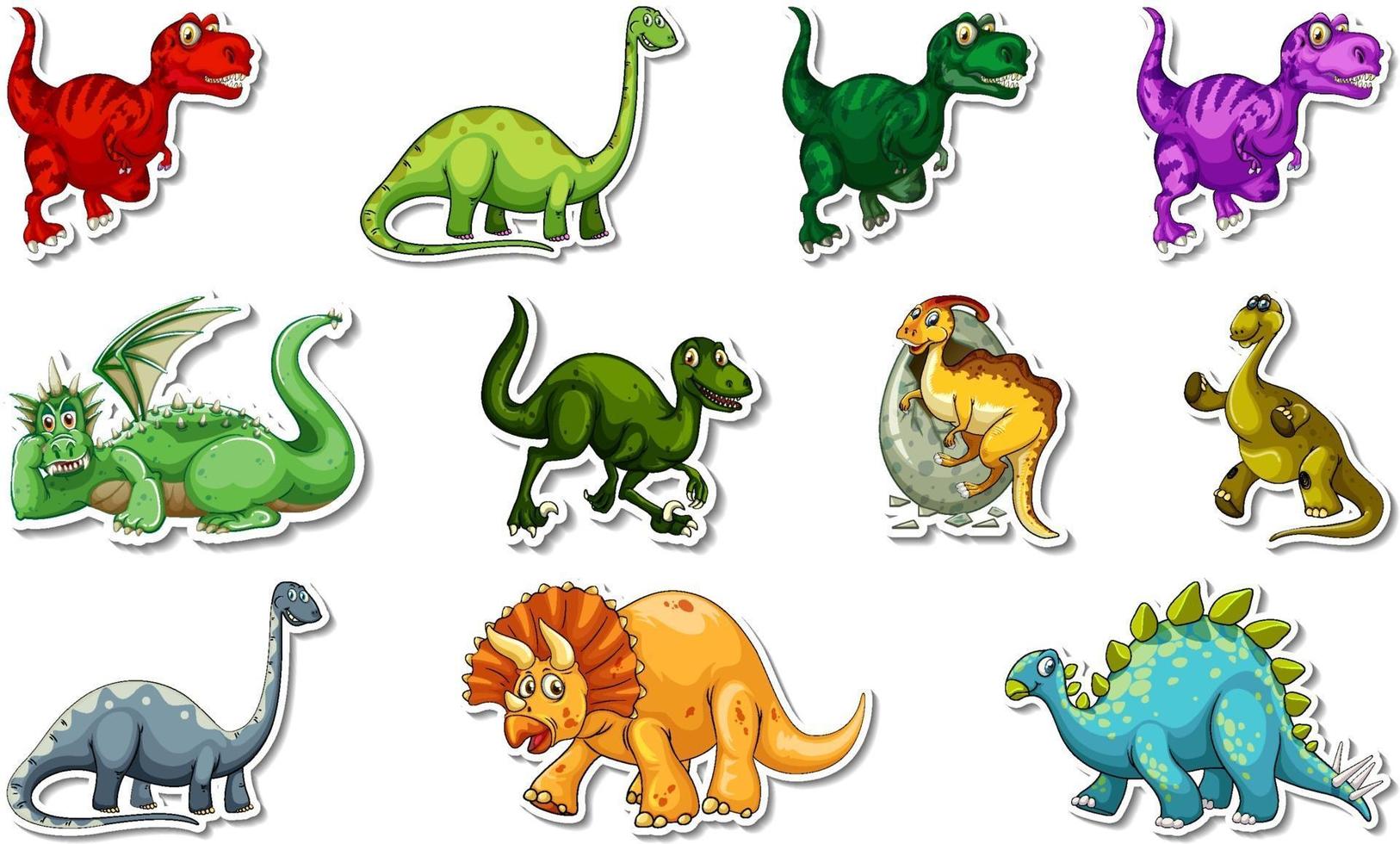 Sticker set with different types of dinosaurs cartoon characters vector