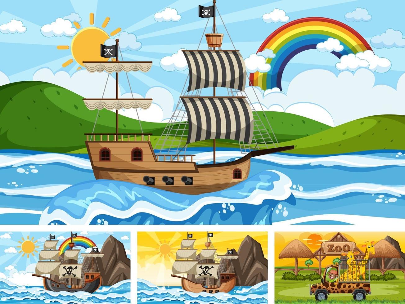 Set of different scenes with pirate ship at the sea and animals in the zoo vector