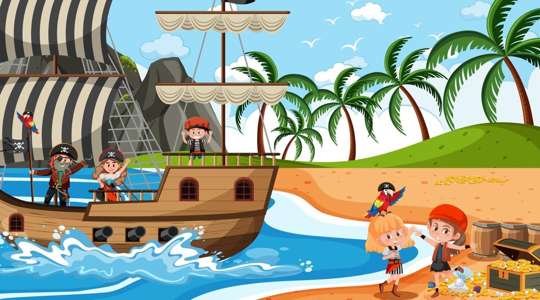 escena de la isla del tesoro durante el día con niños piratas vector