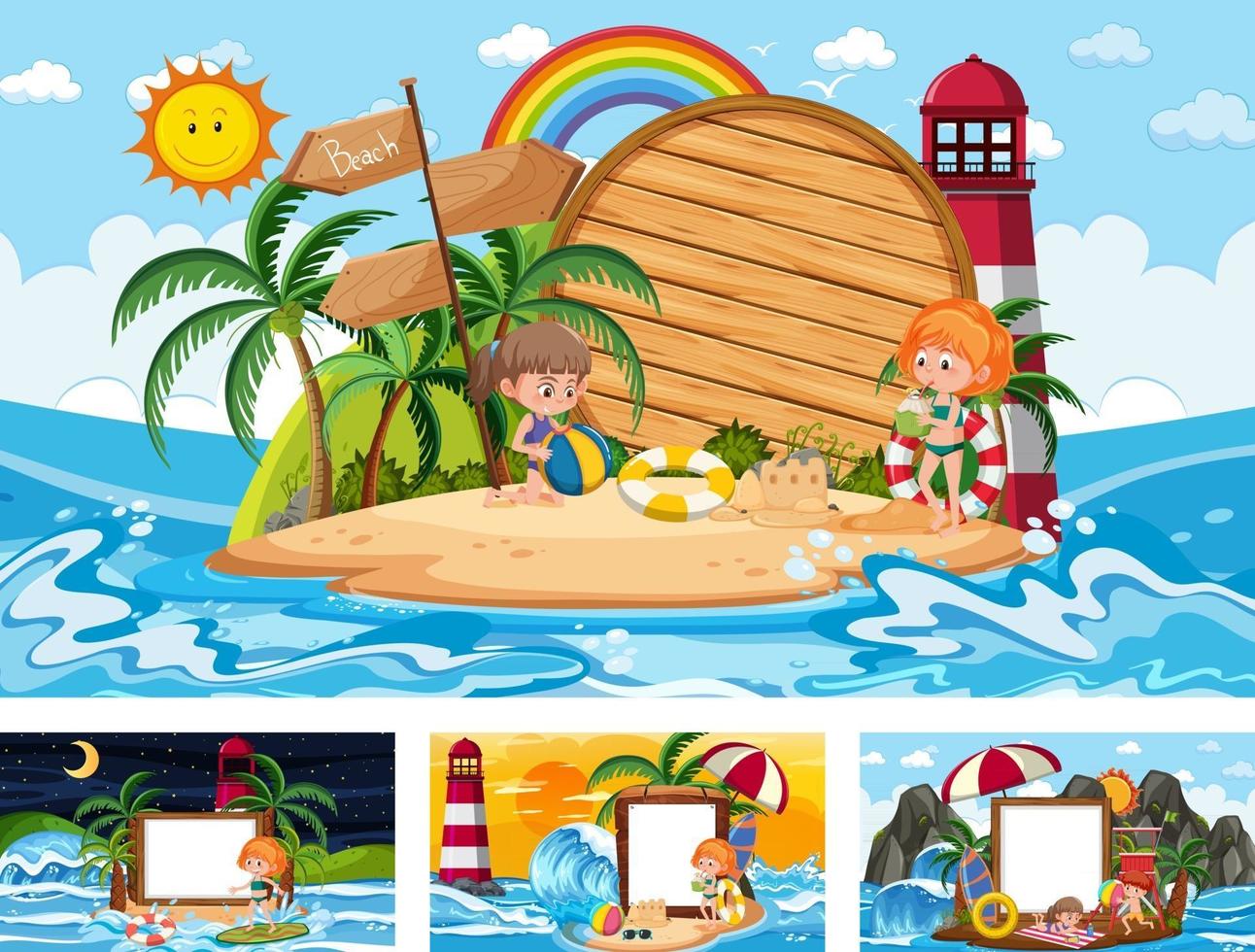 Set of blank banner in different tropical beach scenes vector