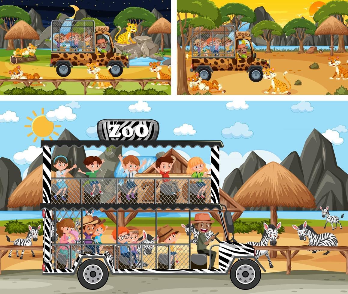 Different safari scenes with animals and kids cartoon character vector