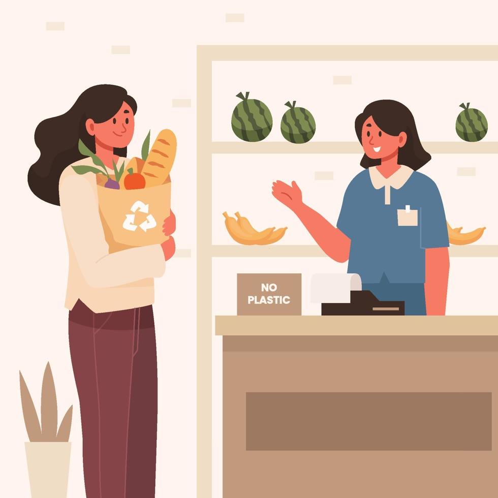 Woman Use Paper Bag While Shopping vector