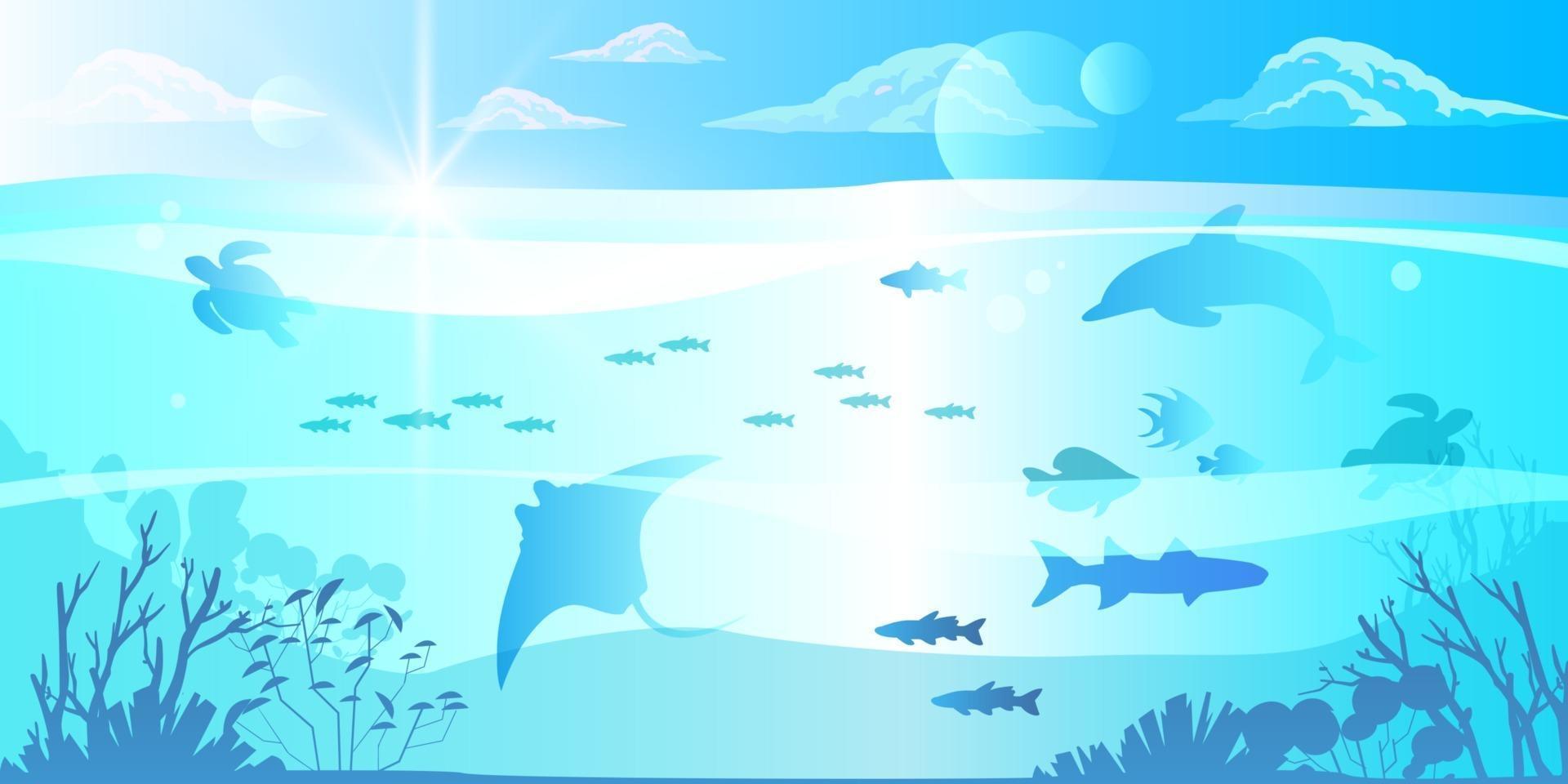 Summer underwater banner, exotic blue ocean diving background, stingray, dolphin, turtle, clouds vector