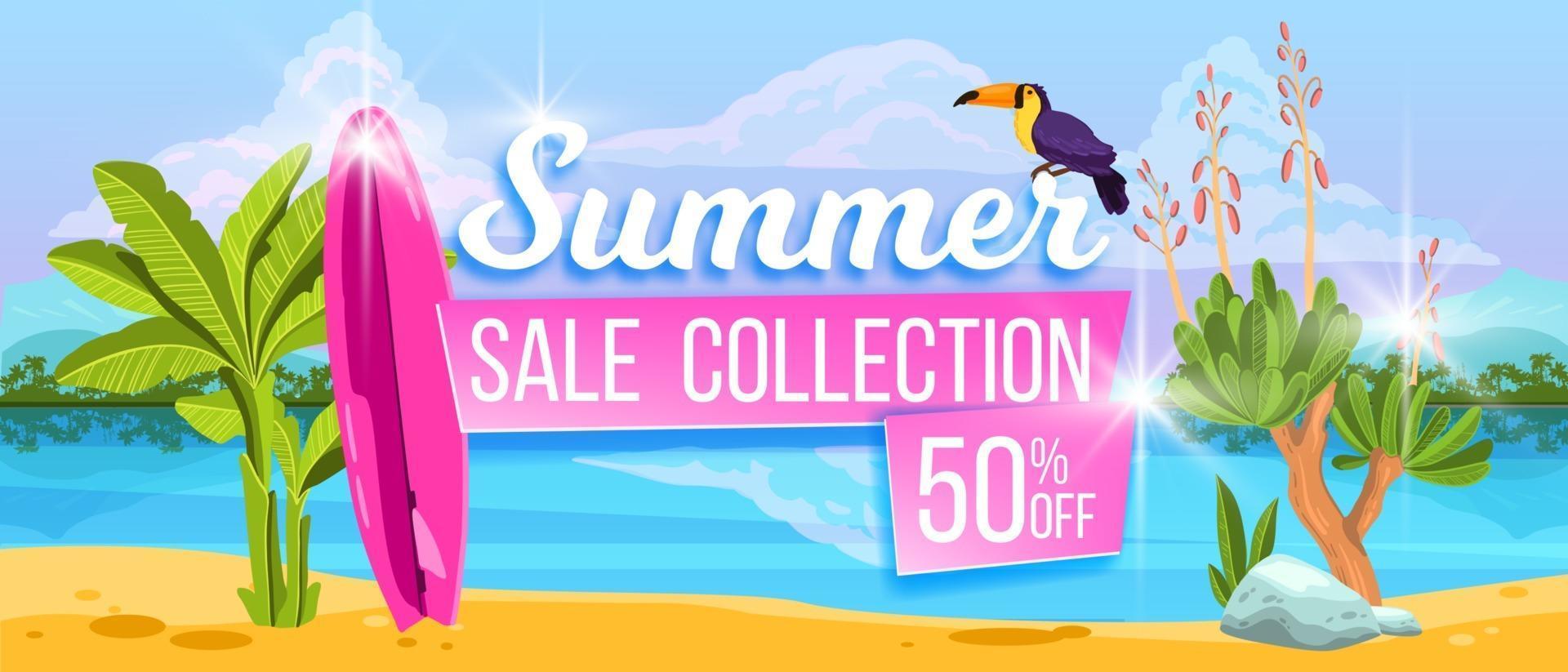 Summer sale banner, hot discount offer background, tropical island beach, toucan, surfboard vector