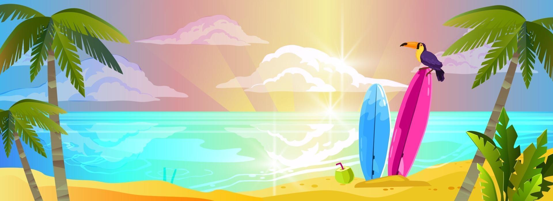 banner de vacaciones de playa de verano, fondo de relajación de playa, arena de isla tropical, tabla de surf, tucán, palma vector