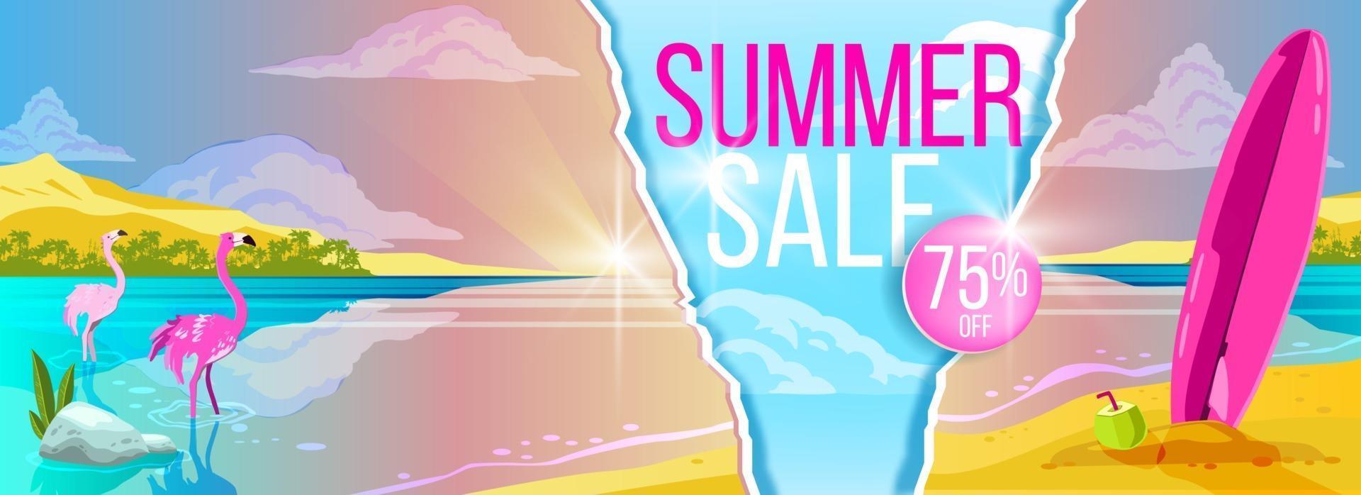 Summer sale banner, tropical beach, pink flamingo, surfboard, exotic paradise background vector