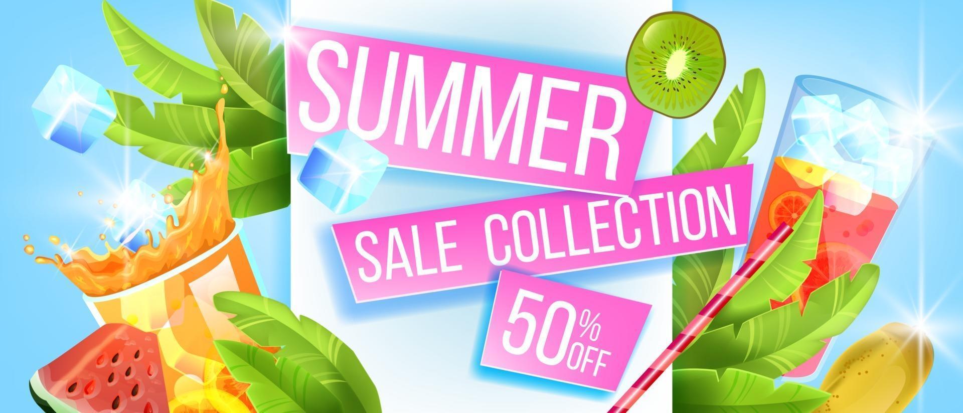 Hot season discount background, summer sale banner, cold beverage glasses, exotic fruit, ice vector