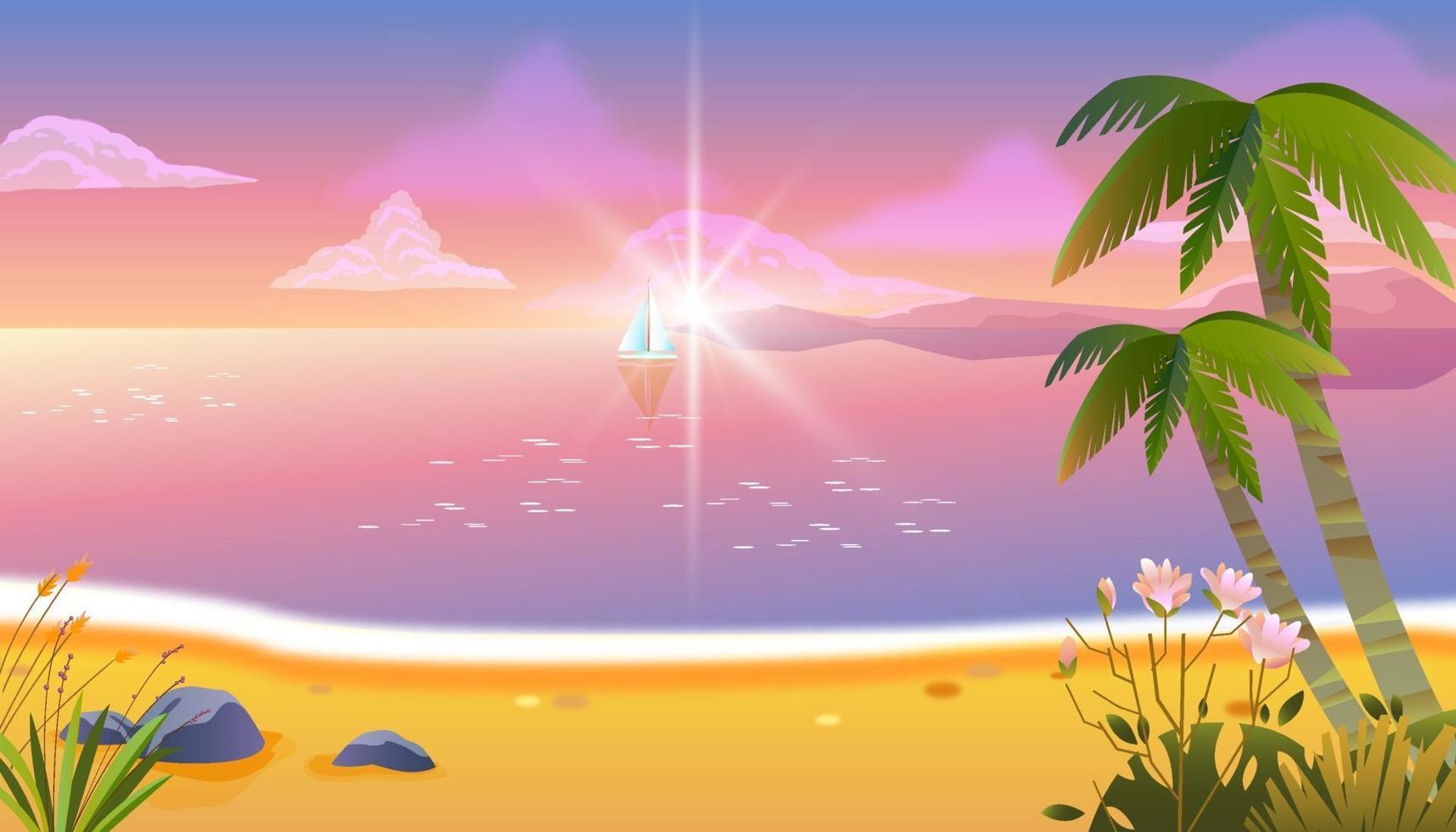 Summer evening beach vacation banner, tropical sunset background, palm tree, calm ocean, clouds vector