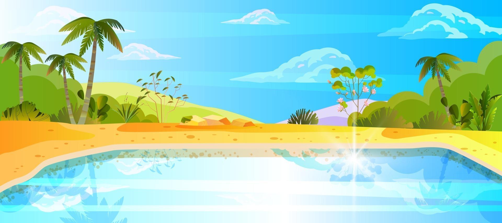 banner de fin de semana de lago de verano, fondo de vacaciones exóticas, agua, palmeras, nubes, arena amarilla vector