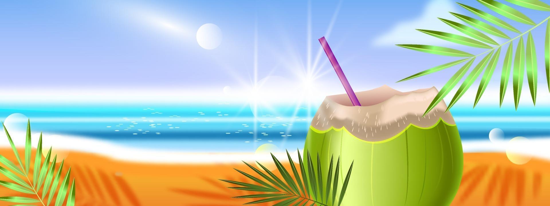 banner de playa de verano, fondo de vacaciones de paraíso exótico, bebida de coco fría, playa de isla exótica vector