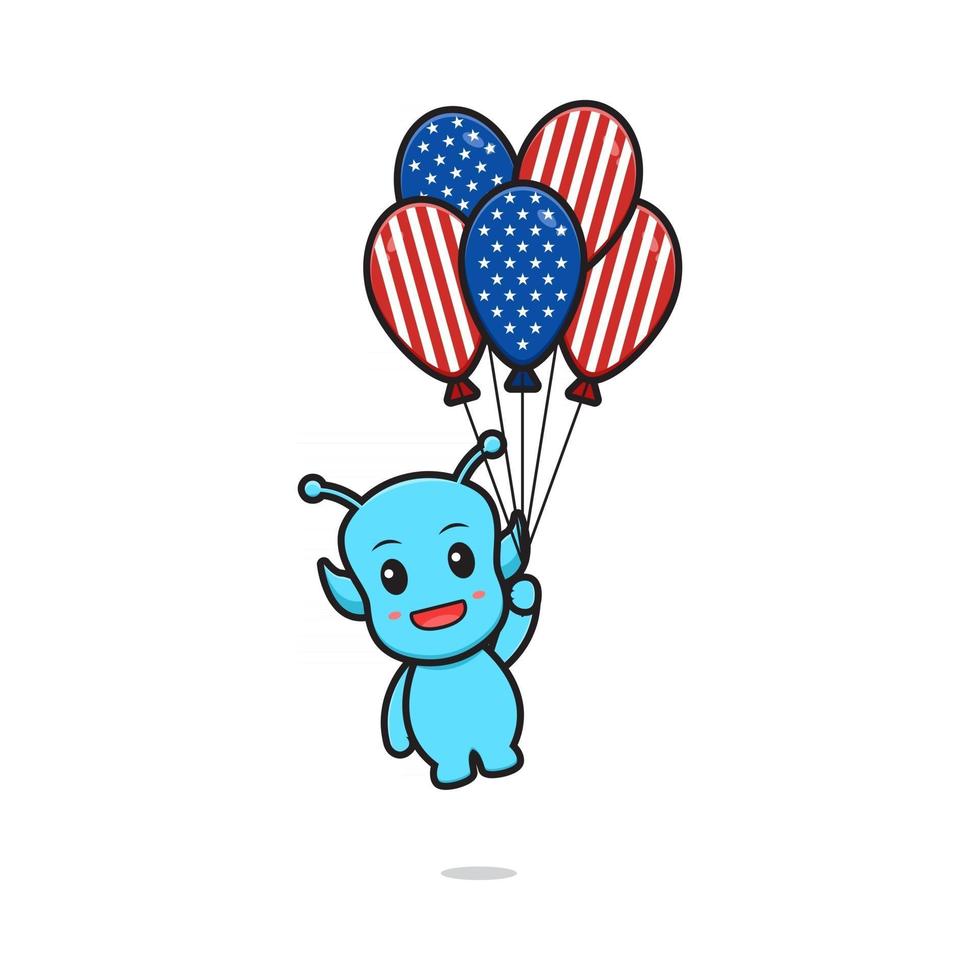 Cute alien flying with balloon celebrate america independence day cartoon icon vector illustration