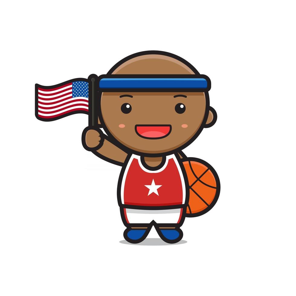 Cute basketball player holding flag celebrate america independence day cartoon icon vector illustration