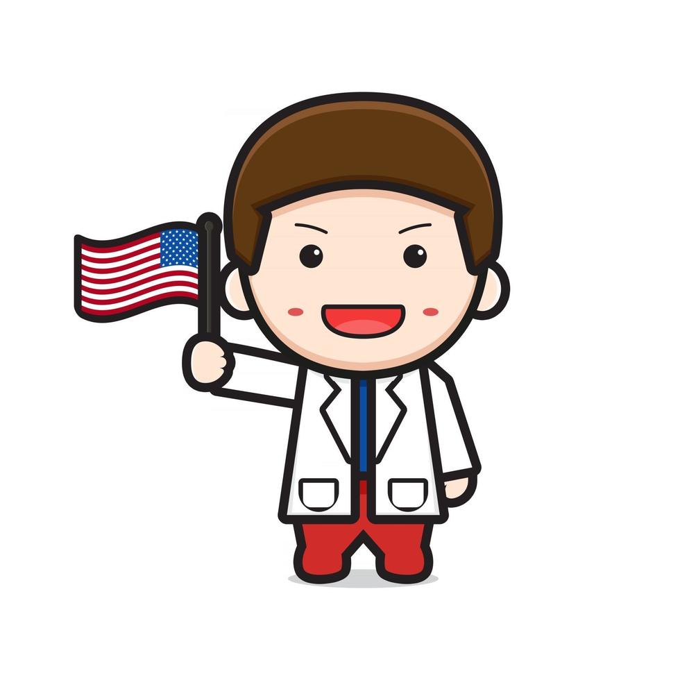 Cute doctor holding flag celebrate america independence day cartoon icon vector illustration