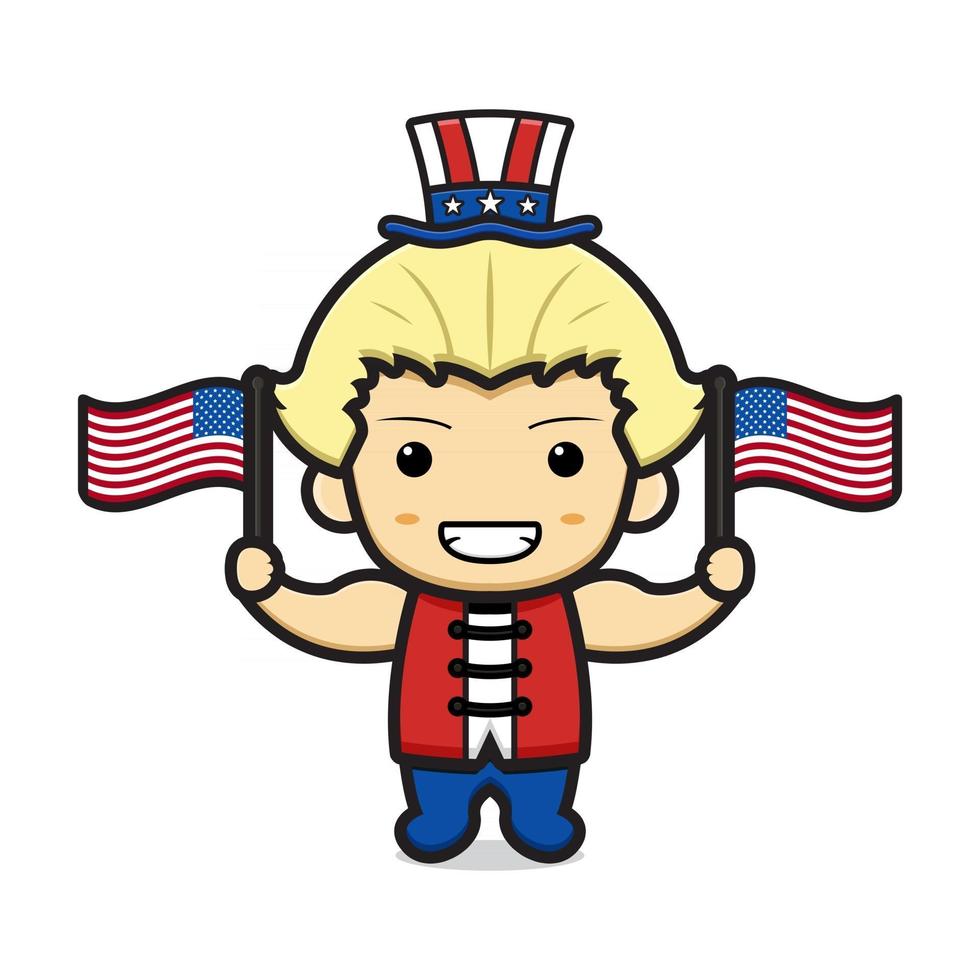 Cute martial artist holding flags celebrate america independence day cartoon icon vector illustration